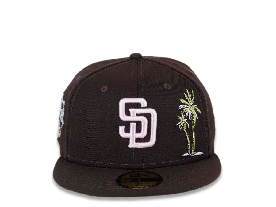 San Diego Padres New Era MLB 59FIFTY 5950 Fitted Cap Hat Brown Crown/Visor Pink Logo With Metallic Gold/Pink Palm Trees 2016 All-Star Game Side Patch