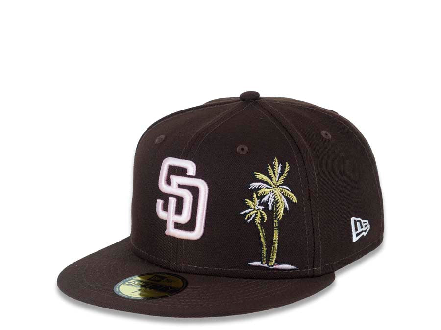 San Diego Padres New Era MLB 59FIFTY 5950 Fitted Cap Hat Brown Crown/Visor Pink Logo With Metallic Gold/Pink Palm Trees 2016 All-Star Game Side Patch