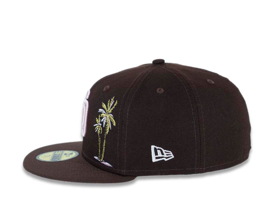 San Diego Padres New Era MLB 59FIFTY 5950 Fitted Cap Hat Brown Crown/Visor Pink Logo With Metallic Gold/Pink Palm Trees 2016 All-Star Game Side Patch