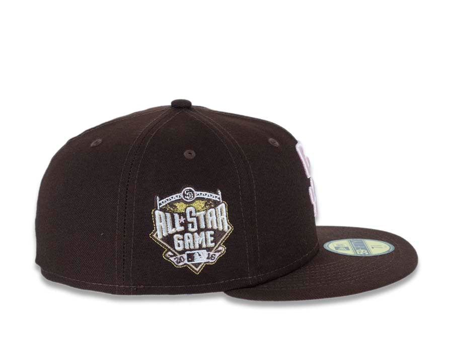 San Diego Padres New Era MLB 59FIFTY 5950 Fitted Cap Hat Brown Crown/Visor Pink Logo With Metallic Gold/Pink Palm Trees 2016 All-Star Game Side Patch