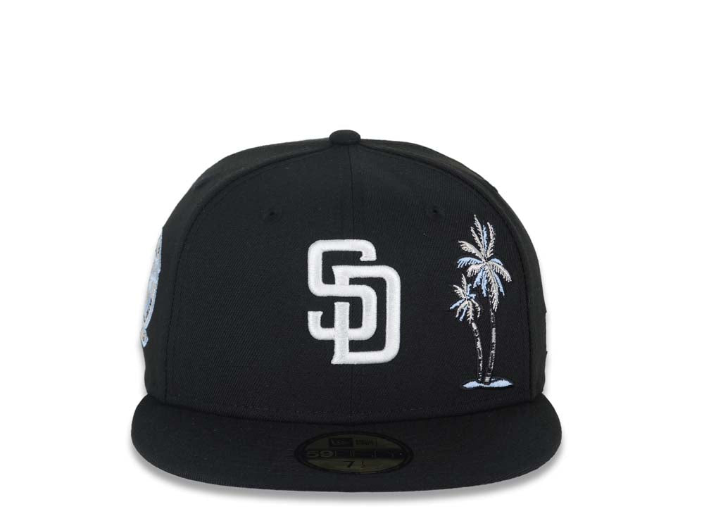 San Diego Padres New Era MLB 59FIFTY 5950 Fitted Cap Hat Black Crown/Visor White Logo With Palm Trees Heart Back Logo 25th Anniversary Side Patch