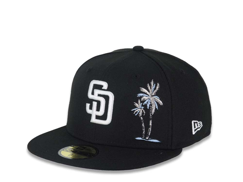 San Diego Padres New Era MLB 59FIFTY 5950 Fitted Cap Hat Black Crown/Visor White Logo With Palm Trees Heart Back Logo 25th Anniversary Side Patch