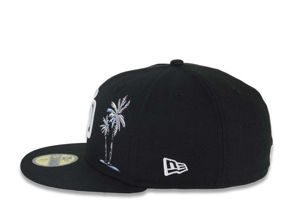 San Diego Padres New Era MLB 59FIFTY 5950 Fitted Cap Hat Black Crown/Visor White Logo With Palm Trees Heart Back Logo 25th Anniversary Side Patch