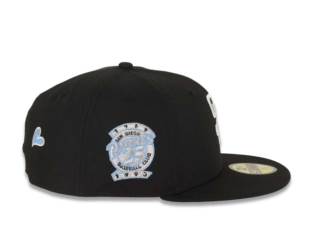 San Diego Padres New Era MLB 59FIFTY 5950 Fitted Cap Hat Black Crown/Visor White Logo With Palm Trees Heart Back Logo 25th Anniversary Side Patch