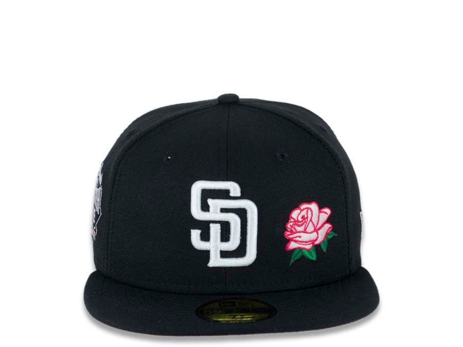 San Diego Padres New Era MLB 59FIFTY 5950 Fitted Cap Hat Black Crown/Visor White Logo With Pink Rose 2016 All-Star Game Side Patch Pink UV