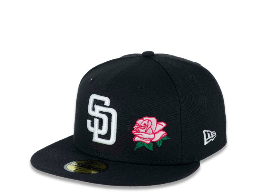 San Diego Padres New Era MLB 59FIFTY 5950 Fitted Cap Hat Black Crown/Visor White Logo With Pink Rose 2016 All-Star Game Side Patch Pink UV
