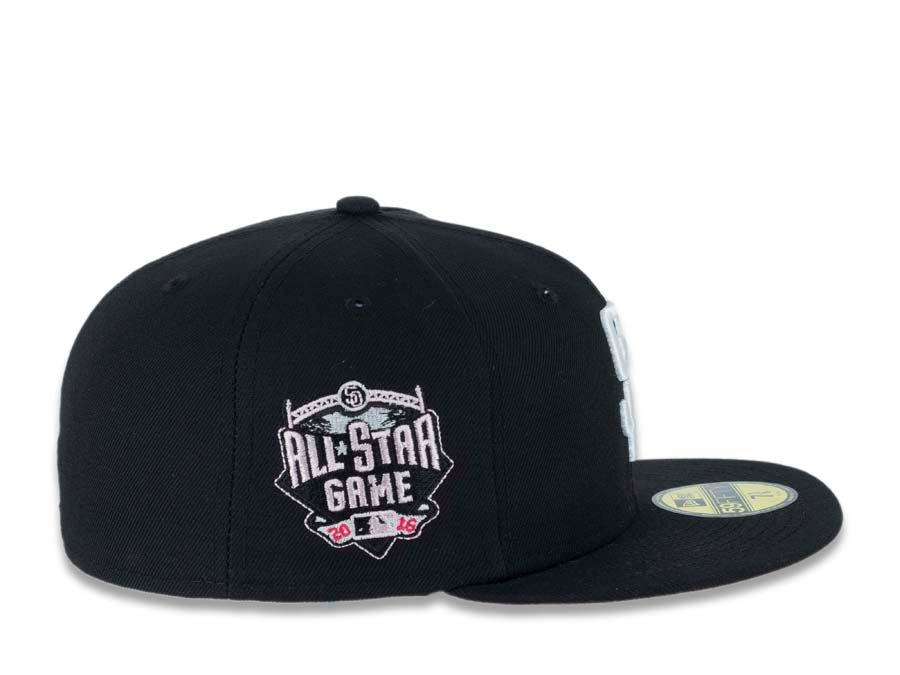 San Diego Padres New Era MLB 59FIFTY 5950 Fitted Cap Hat Black Crown/Visor White Logo With Pink Rose 2016 All-Star Game Side Patch Pink UV