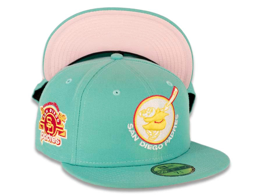 (City Connect Color) San Diego Padres New Era MLB 59FIFTY 5950 Fitted Cap Hat Light Green Crown/Visor Yellow/White Swinging Friar Logo Stadium Patch