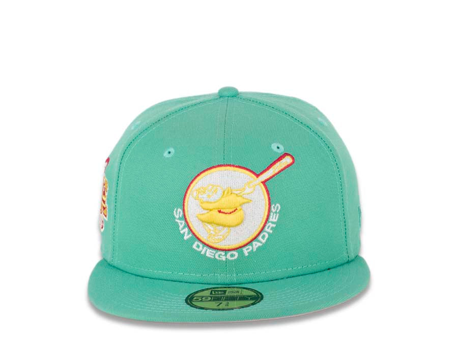 (City Connect Color) San Diego Padres New Era MLB 59FIFTY 5950 Fitted Cap Hat Light Green Crown/Visor Yellow/White Swinging Friar Logo Stadium Patch