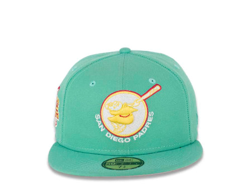 (City Connect Color) San Diego Padres New Era MLB 59FIFTY 5950 Fitted Cap Hat Light Green Crown/Visor Yellow/White Swinging Friar Logo Stadium Patch