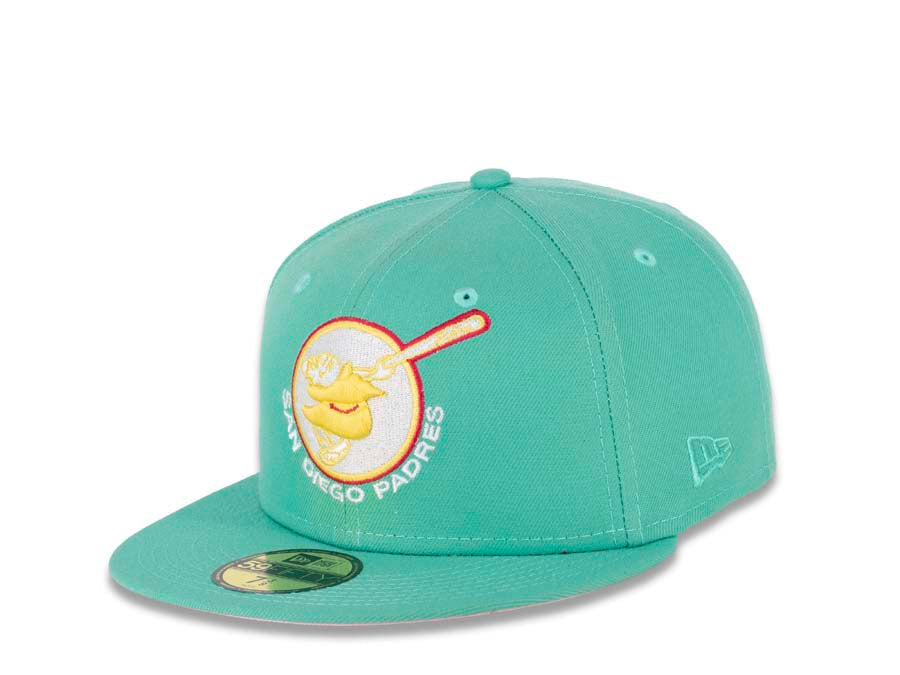 (City Connect Color) San Diego Padres New Era MLB 59FIFTY 5950 Fitted Cap Hat Light Green Crown/Visor Yellow/White Swinging Friar Logo Stadium Patch