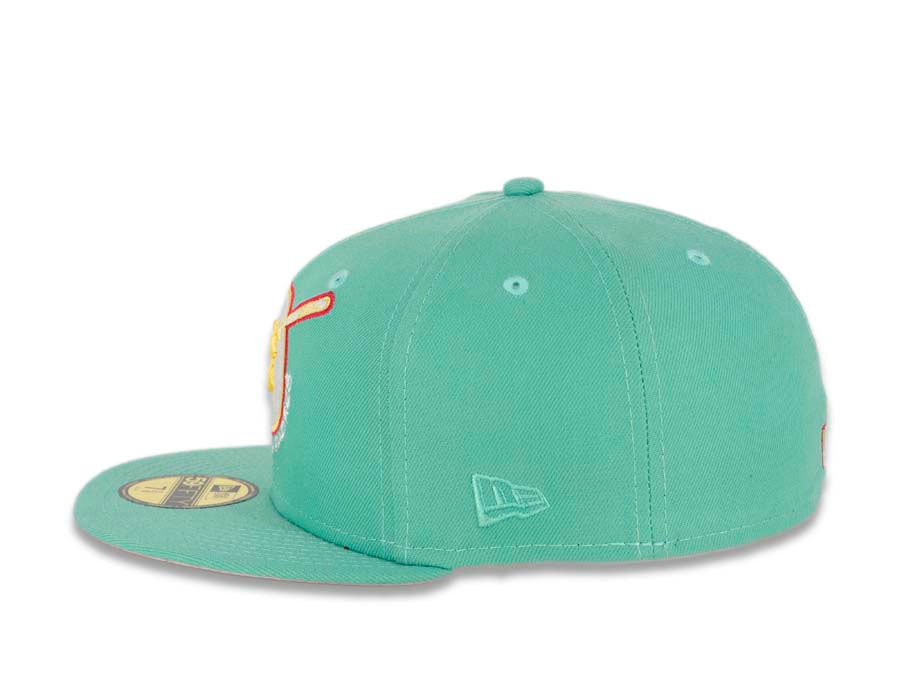 (City Connect Color) San Diego Padres New Era MLB 59FIFTY 5950 Fitted Cap Hat Light Green Crown/Visor Yellow/White Swinging Friar Logo Stadium Patch