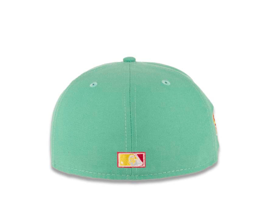 (City Connect Color) San Diego Padres New Era MLB 59FIFTY 5950 Fitted Cap Hat Light Green Crown/Visor Yellow/White Swinging Friar Logo Stadium Patch