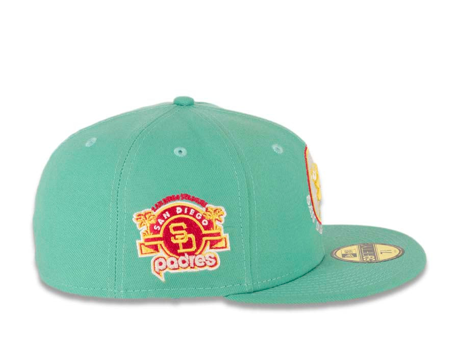 (City Connect Color) San Diego Padres New Era MLB 59FIFTY 5950 Fitted Cap Hat Light Green Crown/Visor Yellow/White Swinging Friar Logo Stadium Patch