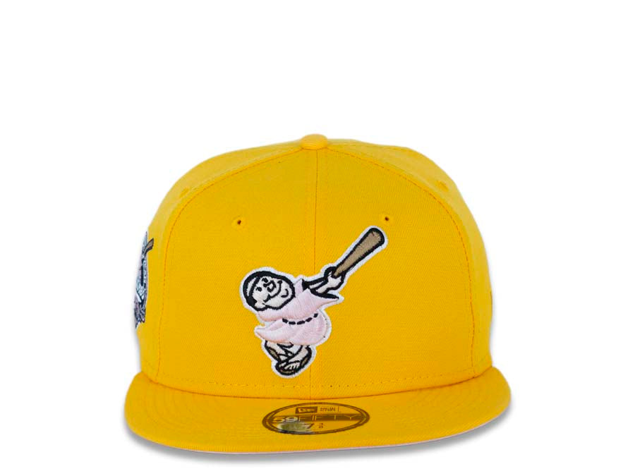 San Diego Padres New Era MLB 59FIFTY 5950 Fitted Cap Hat Yellow/Gold Crown/Visor Pink/Weat “Swinging Friar” Logo 40th Anniversary Side Patch Pink UV