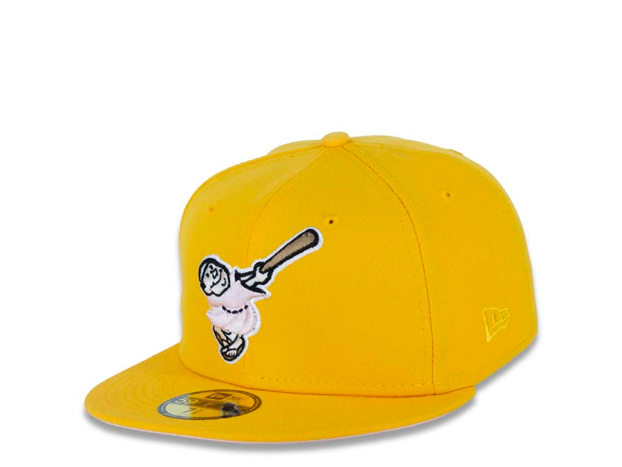 San Diego Padres New Era MLB 59FIFTY 5950 Fitted Cap Hat Yellow/Gold Crown/Visor Pink/Weat “Swinging Friar” Logo 40th Anniversary Side Patch Pink UV