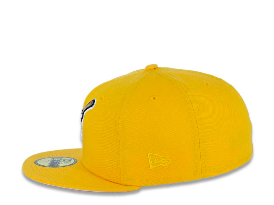 San Diego Padres New Era MLB 59FIFTY 5950 Fitted Cap Hat Yellow/Gold Crown/Visor Pink/Weat “Swinging Friar” Logo 40th Anniversary Side Patch Pink UV