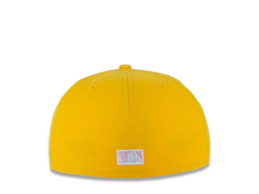 San Diego Padres New Era MLB 59FIFTY 5950 Fitted Cap Hat Yellow/Gold Crown/Visor Pink/Weat “Swinging Friar” Logo 40th Anniversary Side Patch Pink UV