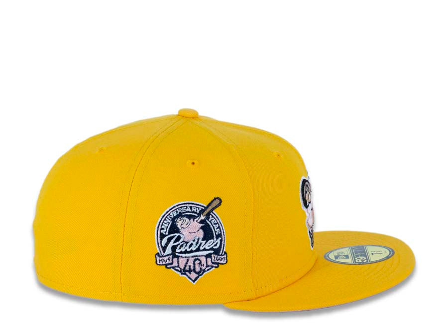 San Diego Padres New Era MLB 59FIFTY 5950 Fitted Cap Hat Yellow/Gold Crown/Visor Pink/Weat “Swinging Friar” Logo 40th Anniversary Side Patch Pink UV