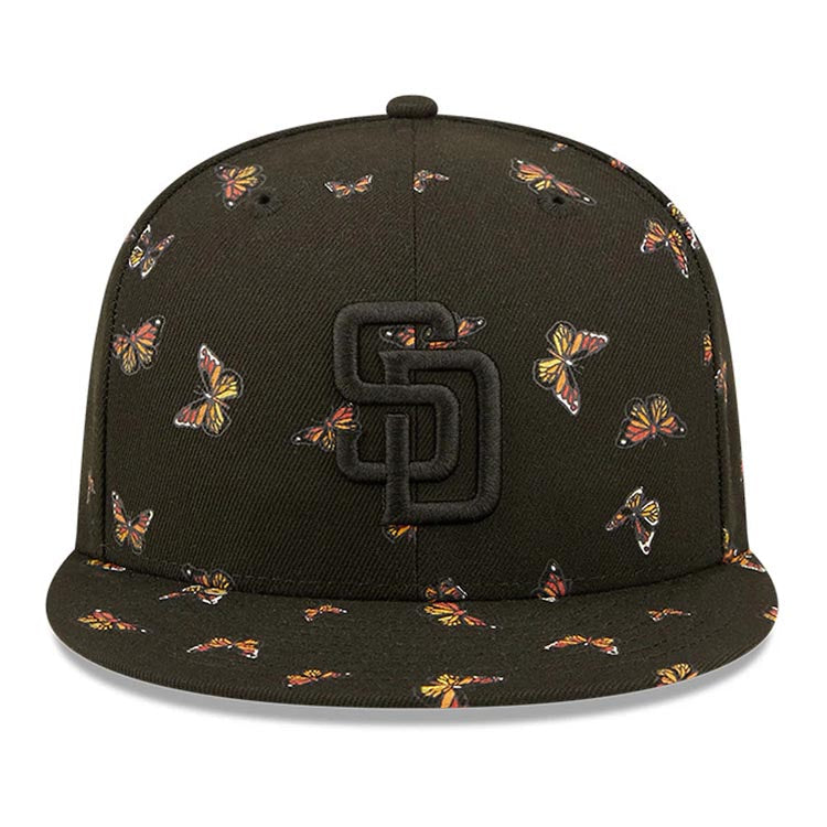 San Diego Padres New Era MLB 59FIFTY 5950 Fitted Cap Hat Black Crown/Visor Black Logo Allover Butterfly Flutter