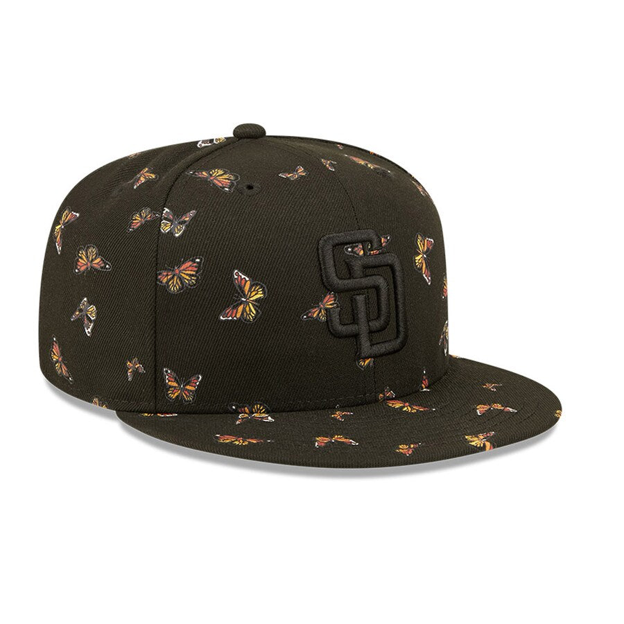 San Diego Padres New Era MLB 59FIFTY 5950 Fitted Cap Hat Black Crown/Visor Black Logo Allover Butterfly Flutter
