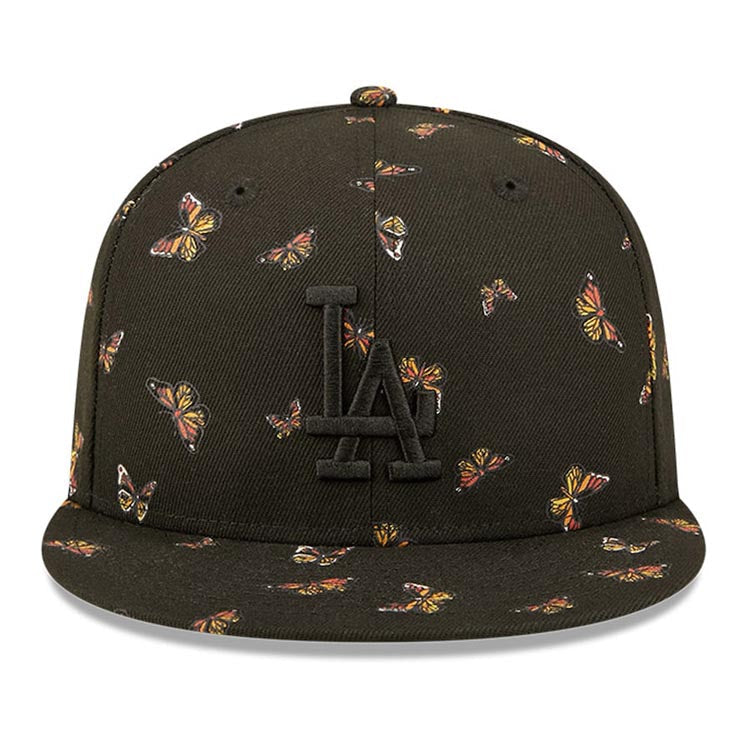 Los Angeles Dodgers New Era MLB 59FIFTY 5950 Fitted Cap Hat Black Crown/Visor Black Logo Allover Butterfly Flutter