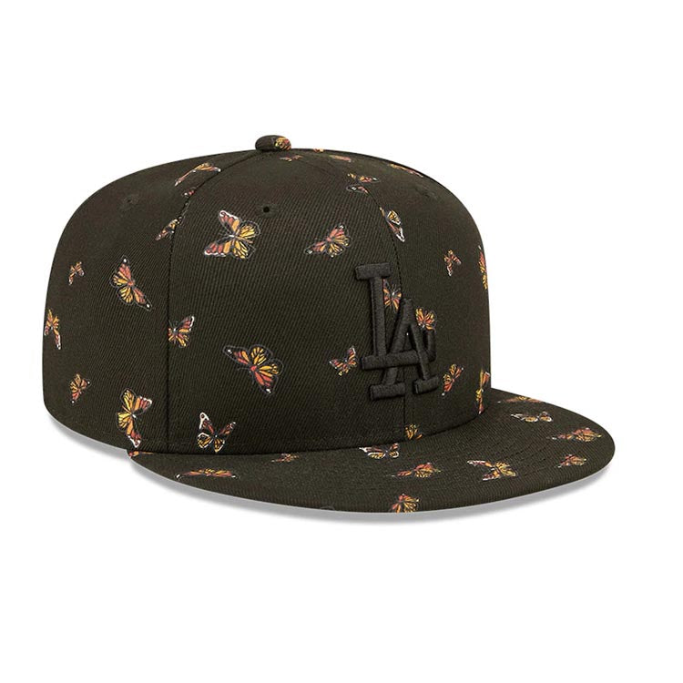 Los Angeles Dodgers New Era MLB 59FIFTY 5950 Fitted Cap Hat Black Crown/Visor Black Logo Allover Butterfly Flutter