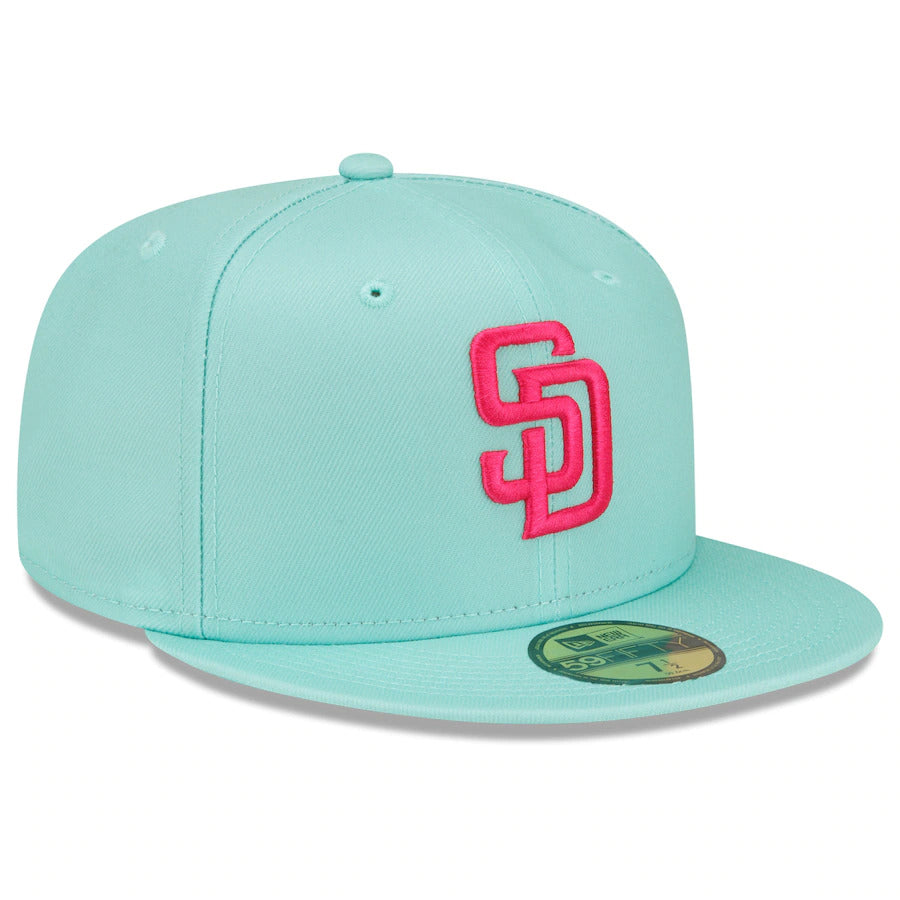 (Youth) San Diego Padres New Era MLB 59FIFTY 5950 Kid Fitted Cap Hat Light Teal Crown/Visor Magenta Logo (2022 City Connect)