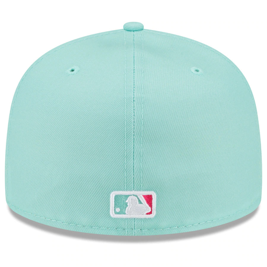 (Youth) San Diego Padres New Era MLB 59FIFTY 5950 Kid Fitted Cap Hat Light Teal Crown/Visor Magenta Logo (2022 City Connect)