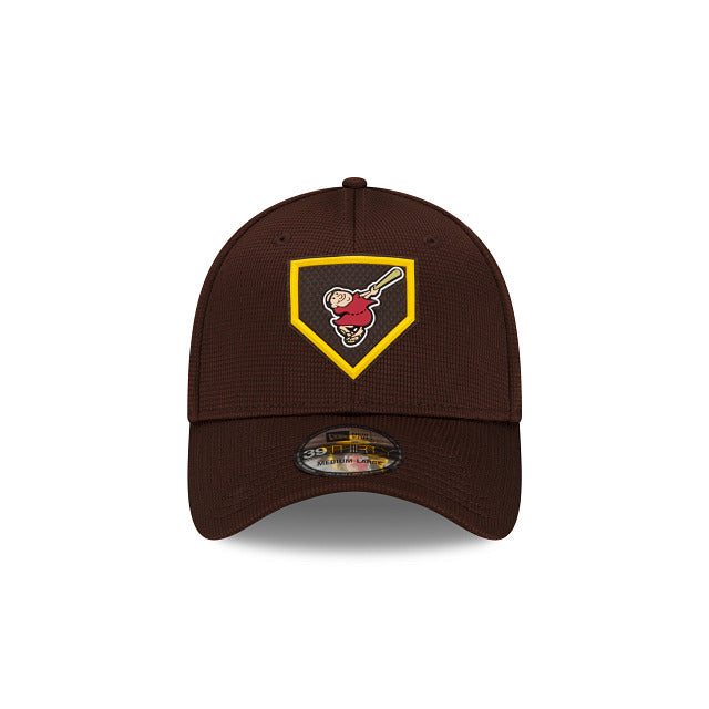 San Diego Padres New Era MLB 39THIRTY 3930 Flexfit Cap Hat Brown Crown/Visor Red/Yellow Swinging Friar Logo (2022 Clubhouse Cooperstown Collection)