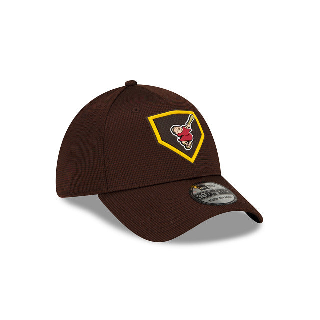 San Diego Padres New Era MLB 39THIRTY 3930 Flexfit Cap Hat Brown Crown/Visor Red/Yellow Swinging Friar Logo (2022 Clubhouse Cooperstown Collection)