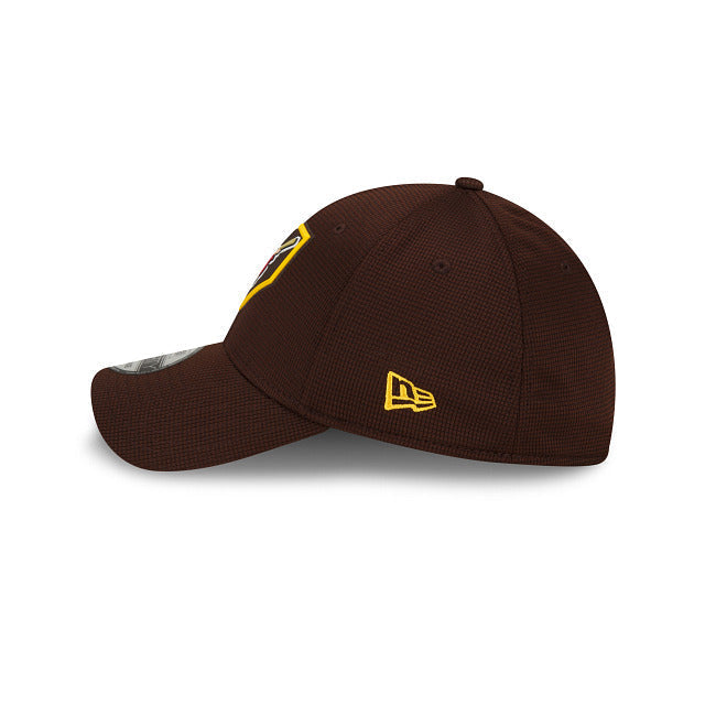 San Diego Padres New Era MLB 39THIRTY 3930 Flexfit Cap Hat Brown Crown/Visor Red/Yellow Swinging Friar Logo (2022 Clubhouse Cooperstown Collection)