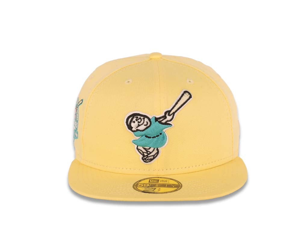 San Diego Padres New Era MLB 59FIFTY 5950 Fitted Cap Hat Light Yellow Crown/Visor Teal/White Swinging Friar Logo 40th Anniversary Side Patch Teal UV