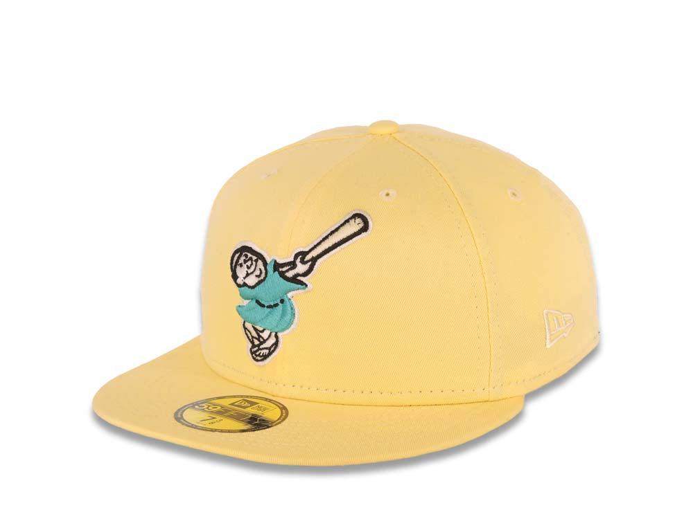 San Diego Padres New Era MLB 59FIFTY 5950 Fitted Cap Hat Light Yellow Crown/Visor Teal/White Swinging Friar Logo 40th Anniversary Side Patch Teal UV