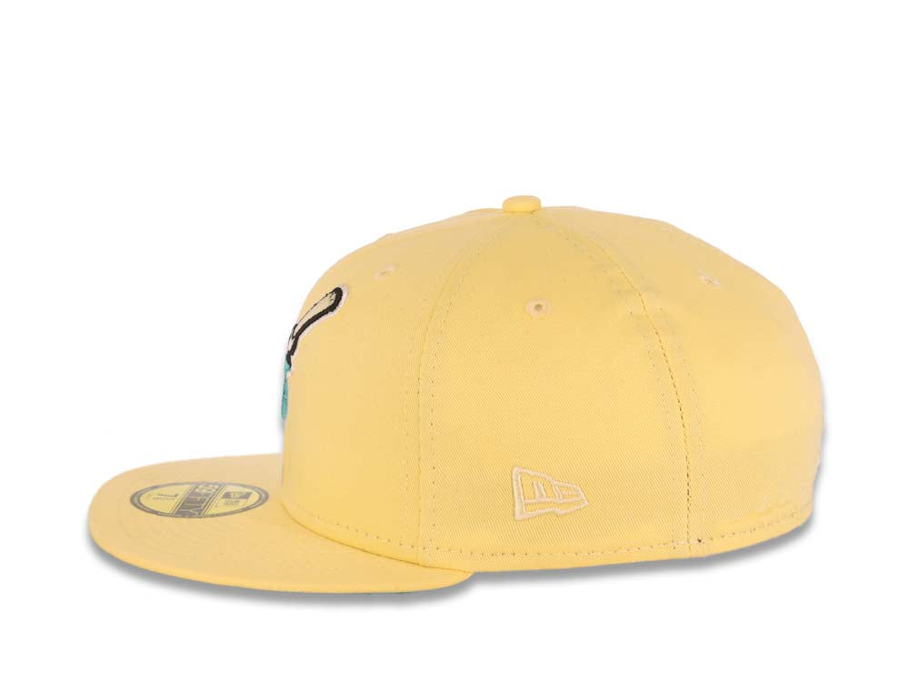 San Diego Padres New Era MLB 59FIFTY 5950 Fitted Cap Hat Light Yellow Crown/Visor Teal/White Swinging Friar Logo 40th Anniversary Side Patch Teal UV