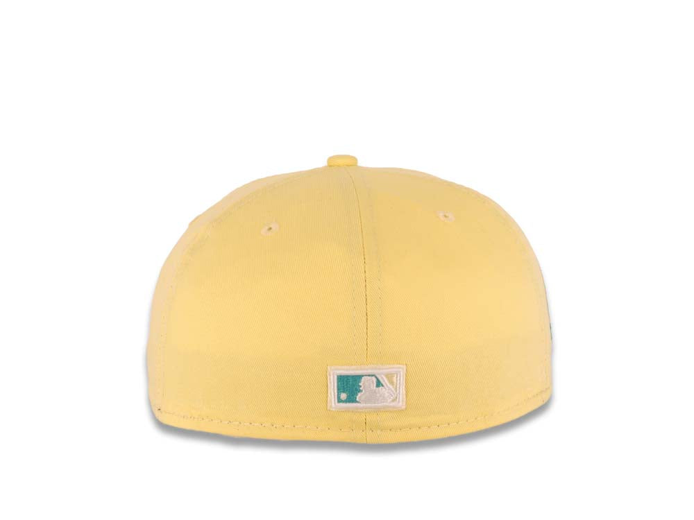 San Diego Padres New Era MLB 59FIFTY 5950 Fitted Cap Hat Light Yellow Crown/Visor Teal/White Swinging Friar Logo 40th Anniversary Side Patch Teal UV