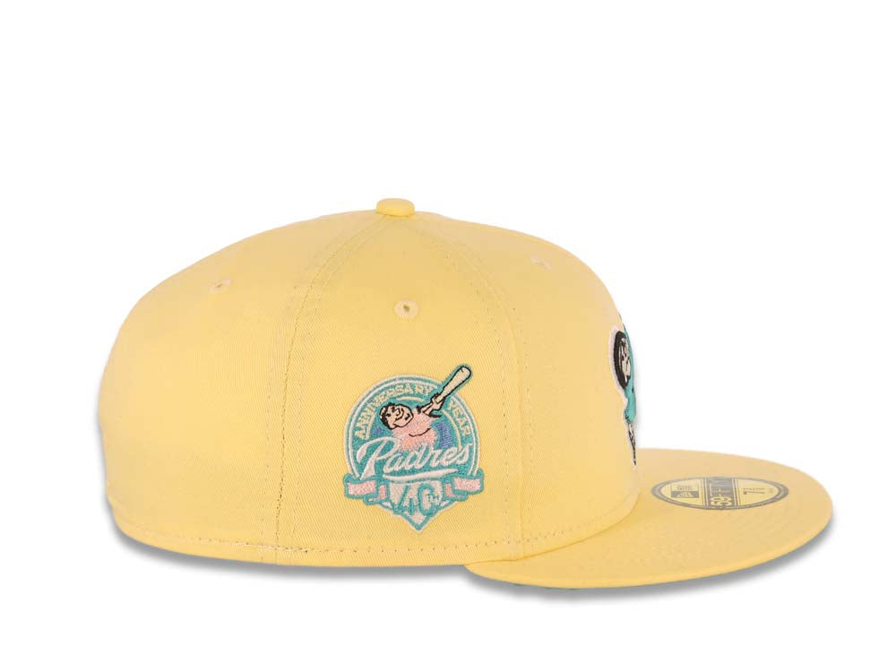 San Diego Padres New Era MLB 59FIFTY 5950 Fitted Cap Hat Light Yellow Crown/Visor Teal/White Swinging Friar Logo 40th Anniversary Side Patch Teal UV