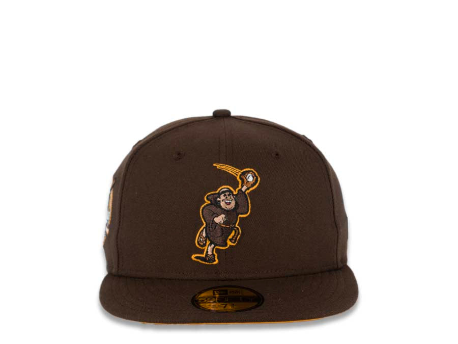 San Diego Padres New Era MLB 59FIFTY 5950 Fitted Cap Hat Brown Crown/Visor Brown/Yellow Catching Friar Logo 40th Anniversary Side Patch Yellow UV