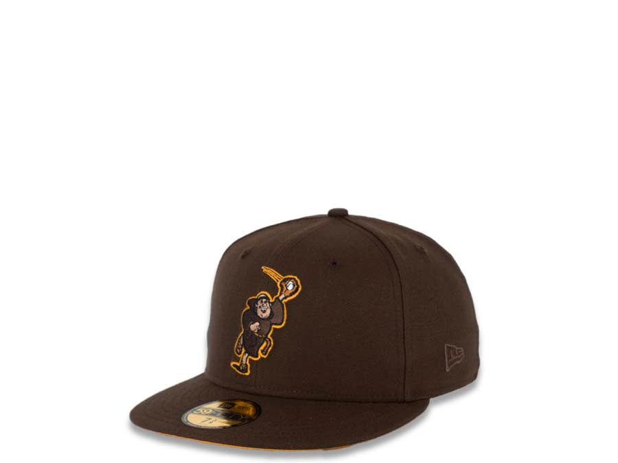 San Diego Padres New Era MLB 59FIFTY 5950 Fitted Cap Hat Brown Crown/Visor Brown/Yellow Catching Friar Logo 40th Anniversary Side Patch Yellow UV