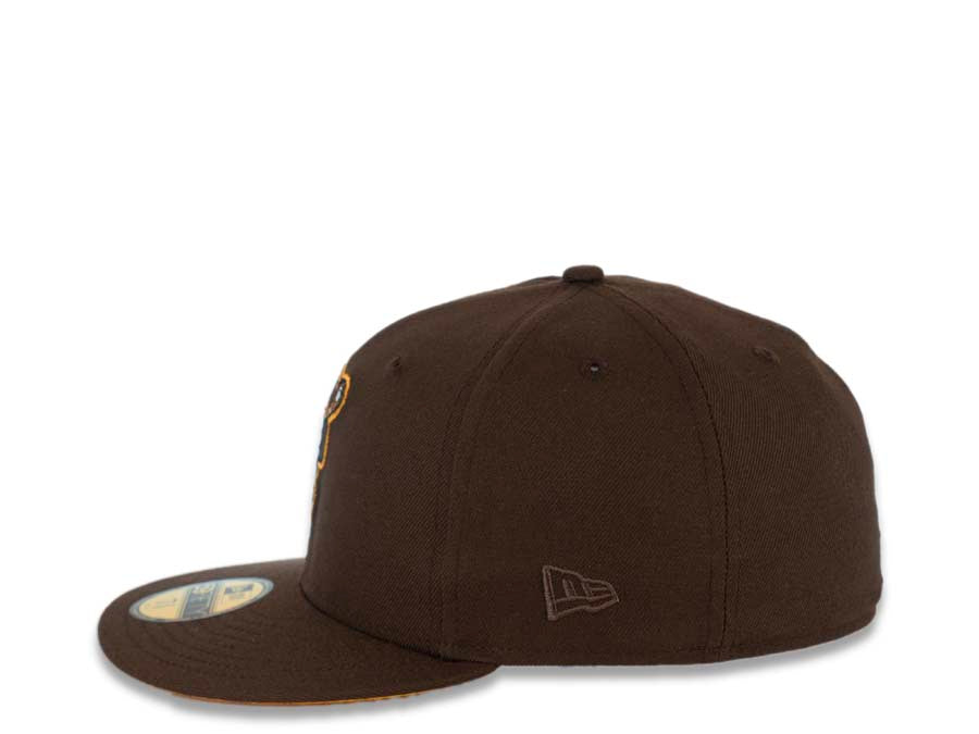 San Diego Padres New Era MLB 59FIFTY 5950 Fitted Cap Hat Brown Crown/Visor Brown/Yellow Catching Friar Logo 40th Anniversary Side Patch Yellow UV