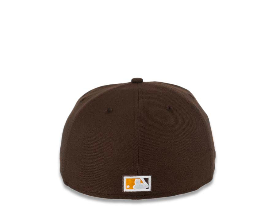 San Diego Padres New Era MLB 59FIFTY 5950 Fitted Cap Hat Brown Crown/Visor Brown/Yellow Catching Friar Logo 40th Anniversary Side Patch Yellow UV