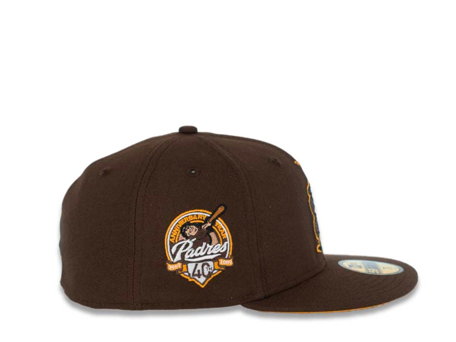 San Diego Padres New Era MLB 59FIFTY 5950 Fitted Cap Hat Brown Crown/Visor Brown/Yellow Catching Friar Logo 40th Anniversary Side Patch Yellow UV