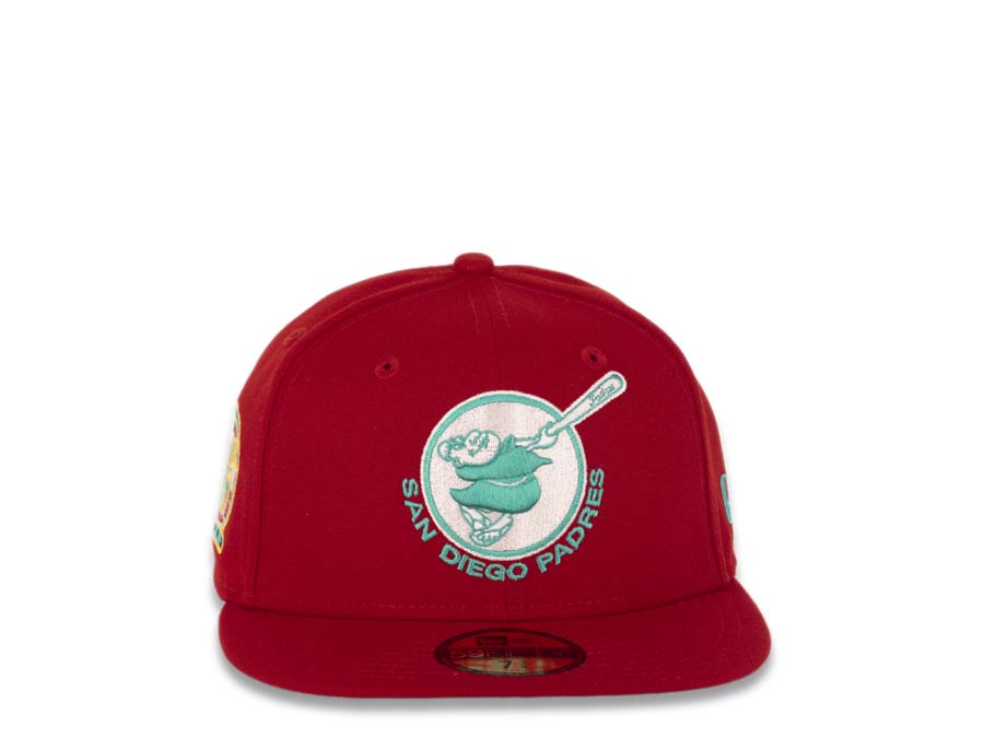 San Diego Padres New Era MLB 59FIFTY 5950 Fitted Cap Hat Red Crown/Visor Teal/White Swinging Friar Logo 25th Anniversary Side Patch Teal UV