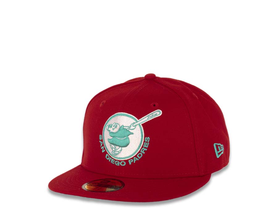 San Diego Padres New Era MLB 59FIFTY 5950 Fitted Cap Hat Red Crown/Visor Teal/White Swinging Friar Logo 25th Anniversary Side Patch Teal UV