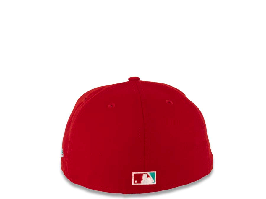 San Diego Padres New Era MLB 59FIFTY 5950 Fitted Cap Hat Red Crown/Visor Teal/White Swinging Friar Logo 25th Anniversary Side Patch Teal UV