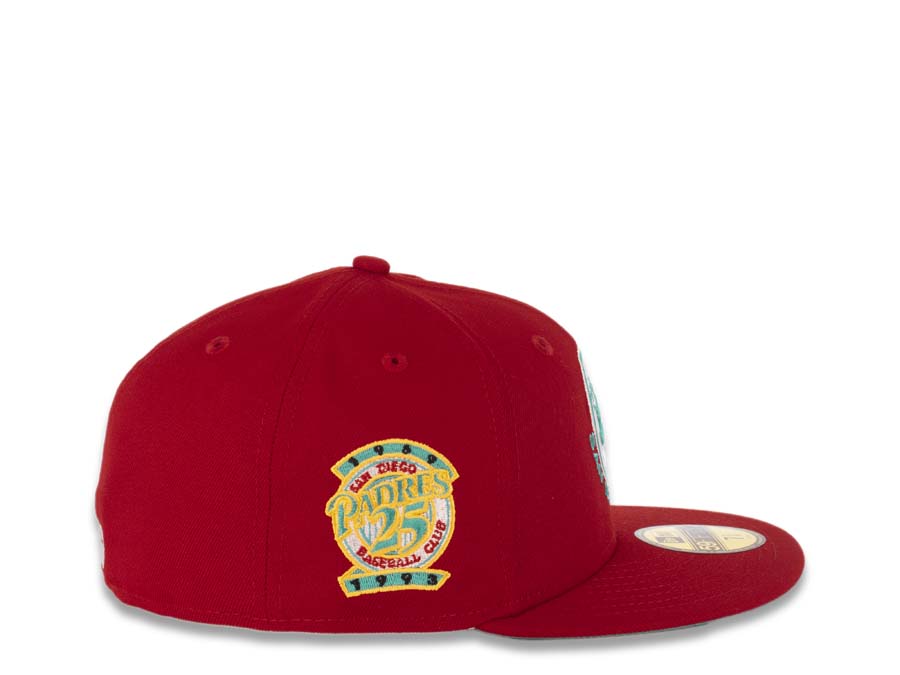 San Diego Padres New Era MLB 59FIFTY 5950 Fitted Cap Hat Red Crown/Visor Teal/White Swinging Friar Logo 25th Anniversary Side Patch Teal UV