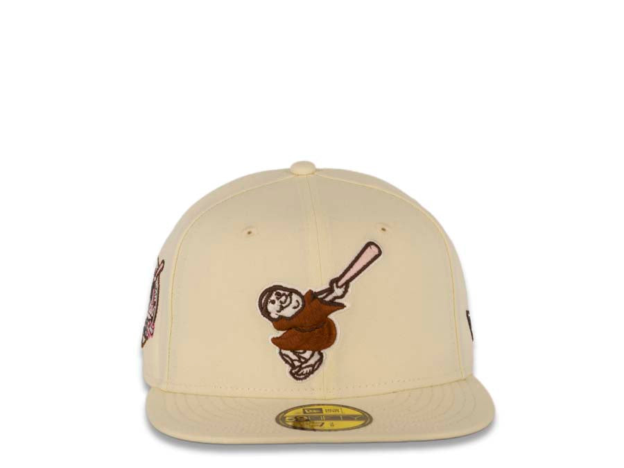 San Diego Padres New Era MLB 59FIFTY 5950 Fitted Cap Hat Cream Crown/Visor Brown/Pink Swinging Friar Logo 40th Anniversary Side Patch Brown UV