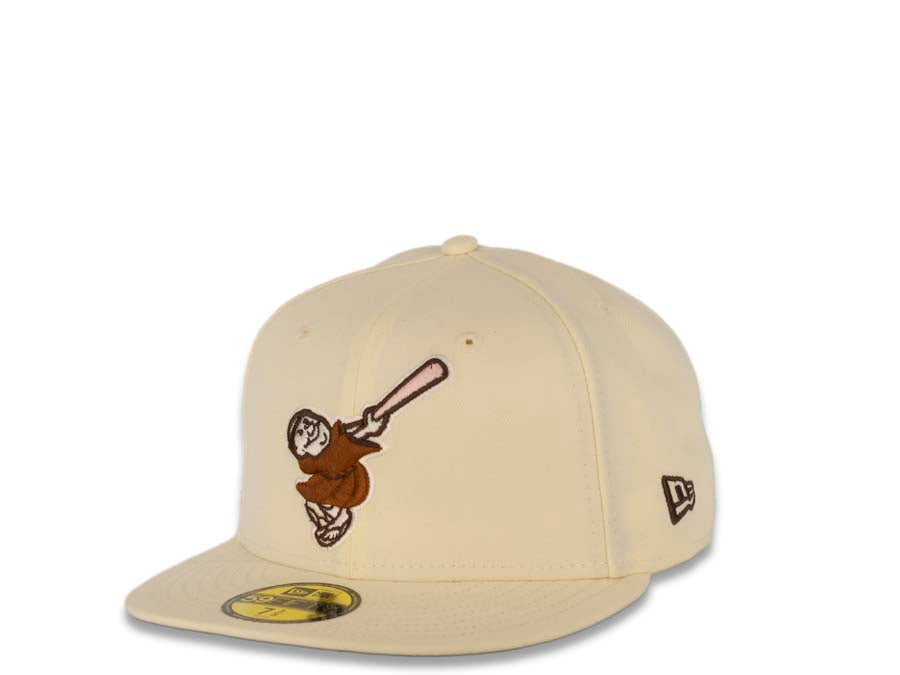 San Diego Padres New Era MLB 59FIFTY 5950 Fitted Cap Hat Cream Crown/Visor Brown/Pink Swinging Friar Logo 40th Anniversary Side Patch Brown UV