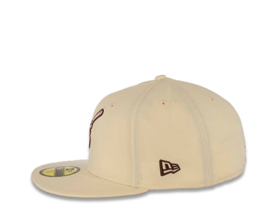 San Diego Padres New Era MLB 59FIFTY 5950 Fitted Cap Hat Cream Crown/Visor Brown/Pink Swinging Friar Logo 40th Anniversary Side Patch Brown UV