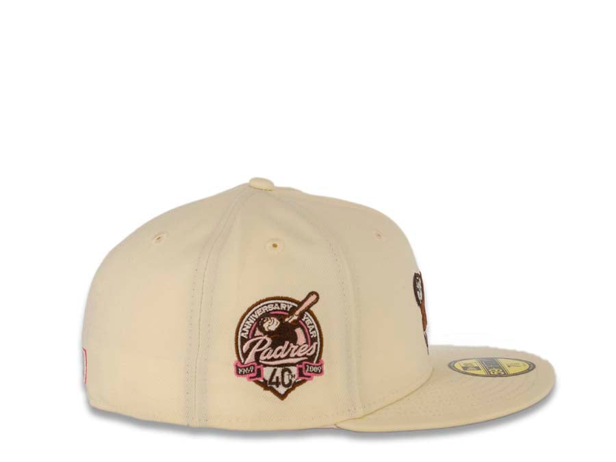 San Diego Padres New Era MLB 59FIFTY 5950 Fitted Cap Hat Cream Crown/Visor Brown/Pink Swinging Friar Logo 40th Anniversary Side Patch Brown UV